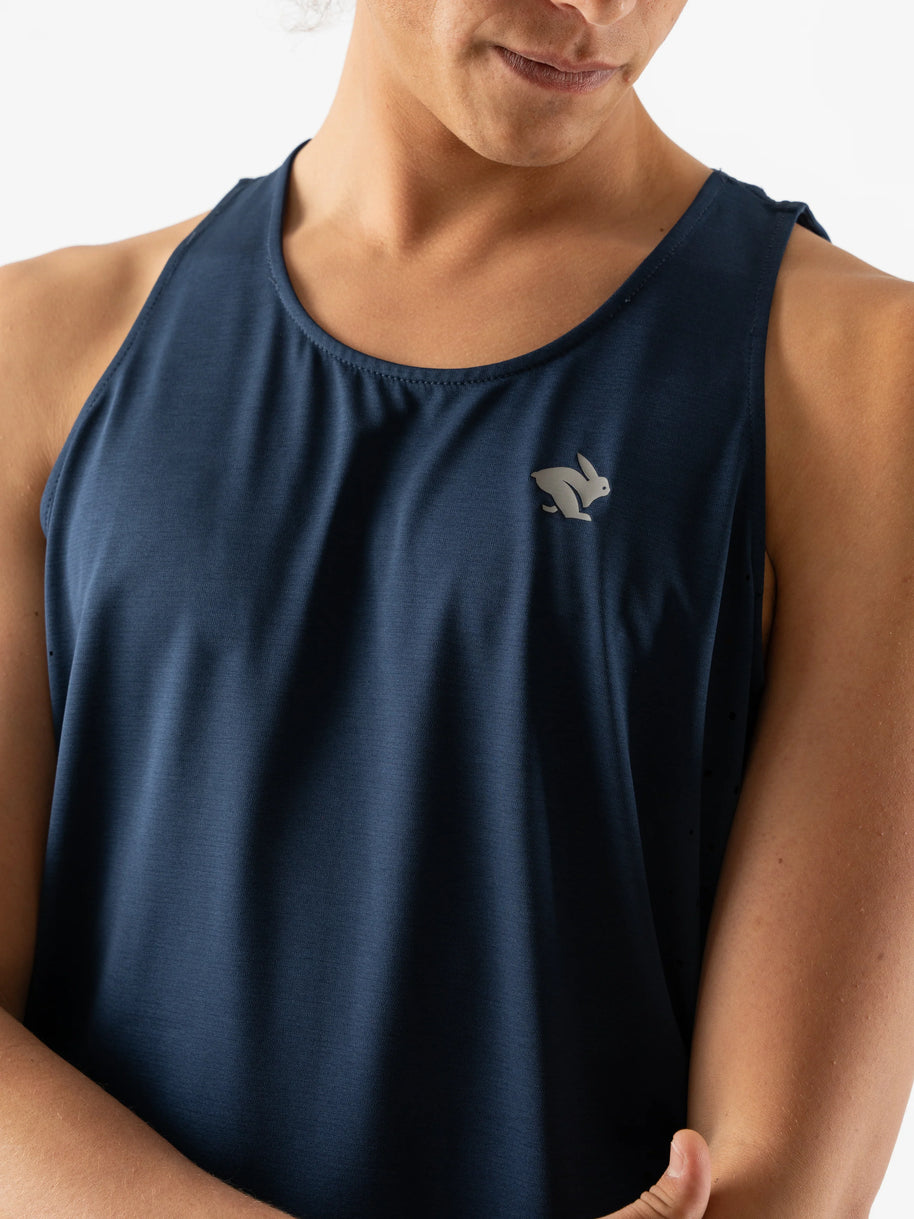 Race Pace Tank - Men by Rabbit in navy with laser-cut perfs and breathable fabric for running and training comfort