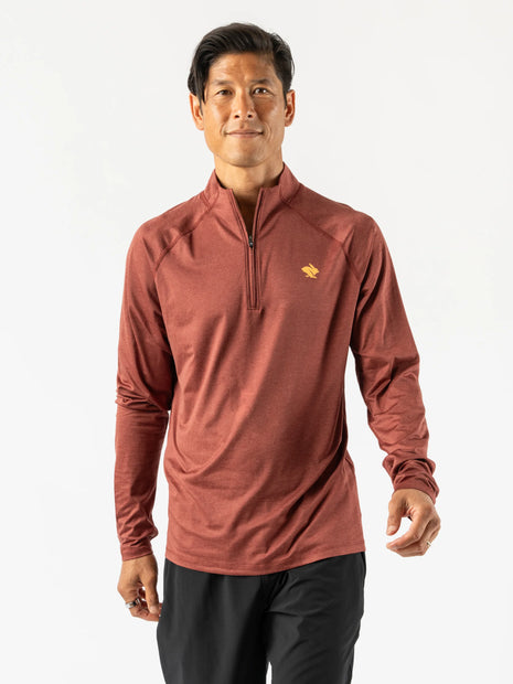EZ Zip 2.0 - Men by Rabbit in rust red, super soft quarter zip with improved neck fit, versatile for running and workouts
