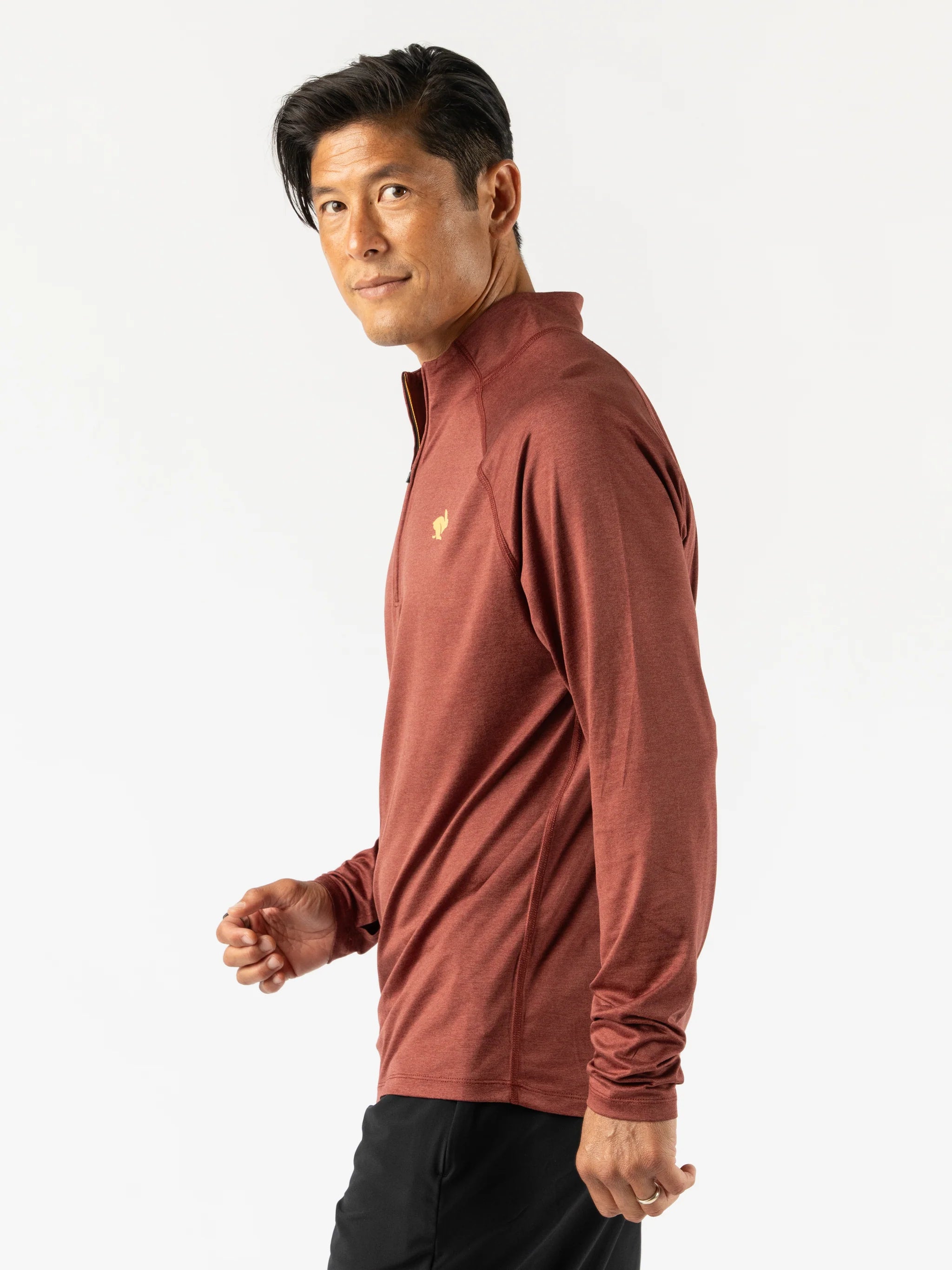 EZ Zip 2.0 - Men by Rabbit in rust, super soft quarter zip top with improved neck fit, ideal for running and workouts