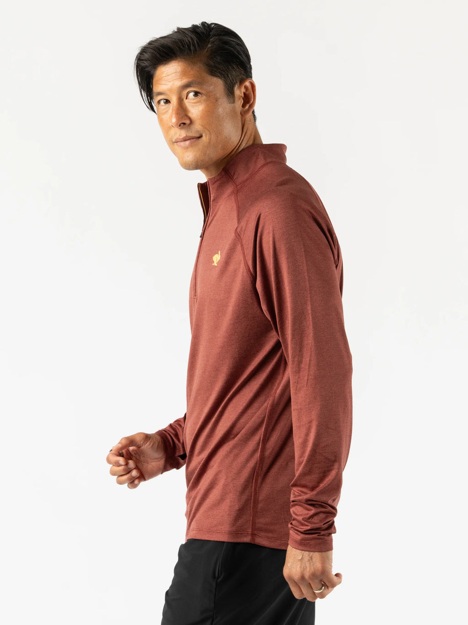 EZ Zip 2.0 - Men by Rabbit in rust, super soft quarter zip top with improved neck fit, ideal for running and workouts
