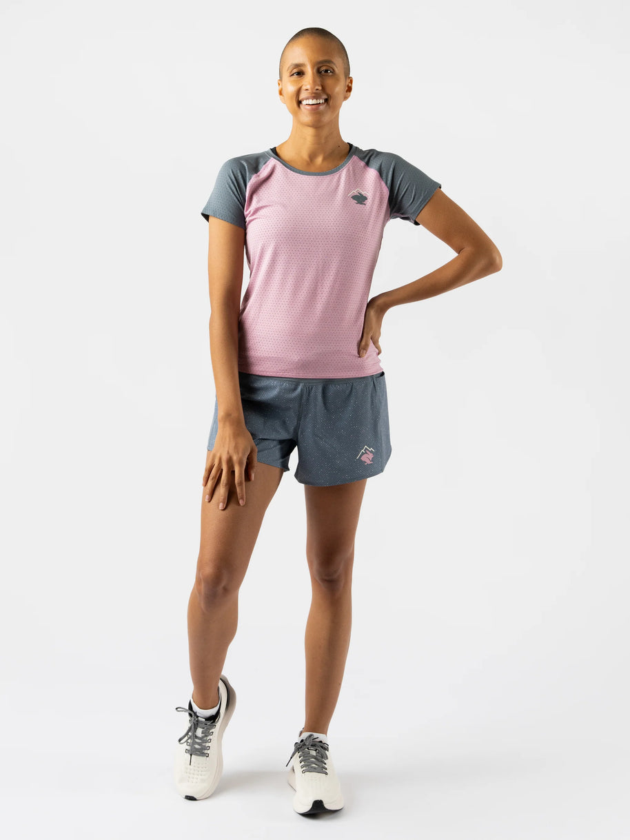 EZ Tee Perf SS Trail - Women by Rabbit in pink and grey, breathable soft trail running top with perf ventilation ideal for outdoor running
