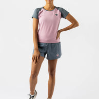 EZ Tee Perf SS Trail - Women by Rabbit in pink and grey, breathable soft trail running top with perf ventilation ideal for outdoor running