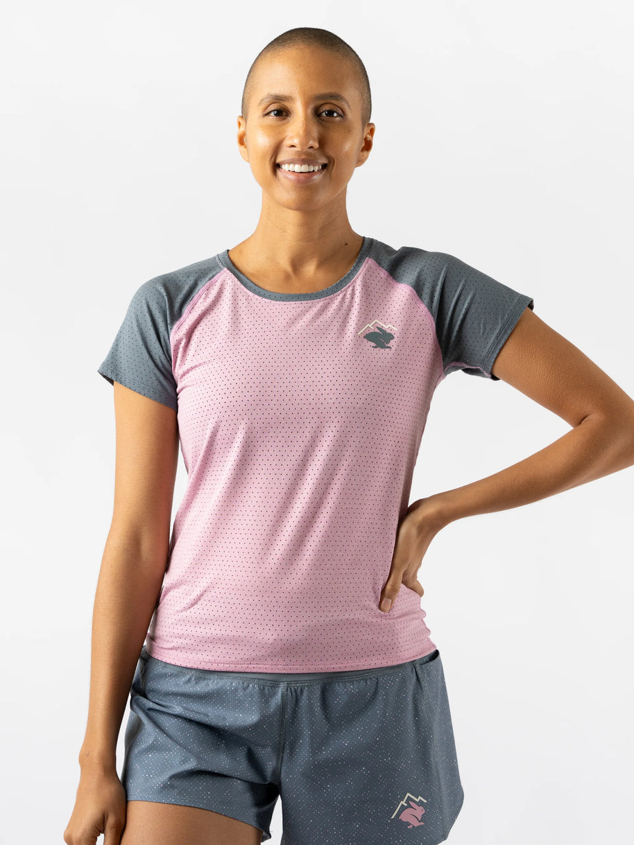 EZ Tee Perf SS Trail - Women by Rabbit in pink and grey, lightweight breathable trail running top with perf ventilation for outdoor running