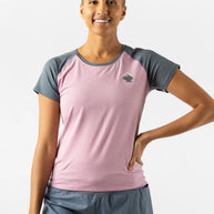 EZ Tee Perf SS Trail - Women by Rabbit in pink and grey, lightweight breathable trail running top with perf ventilation for outdoor running