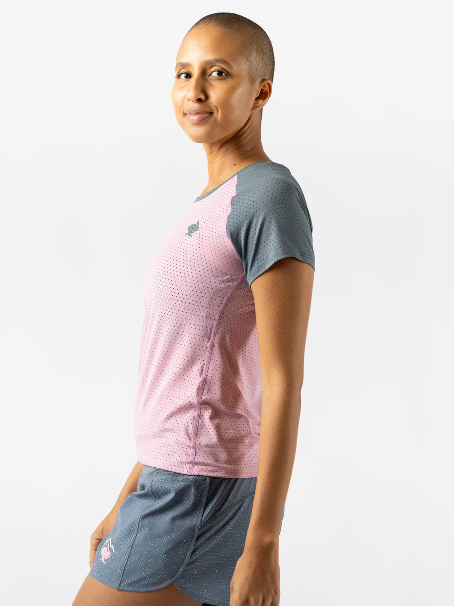 EZ Tee Perf SS Trail - Women by Rabbit in pink and grey, lightweight breathable trail running top with perforations for moisture control