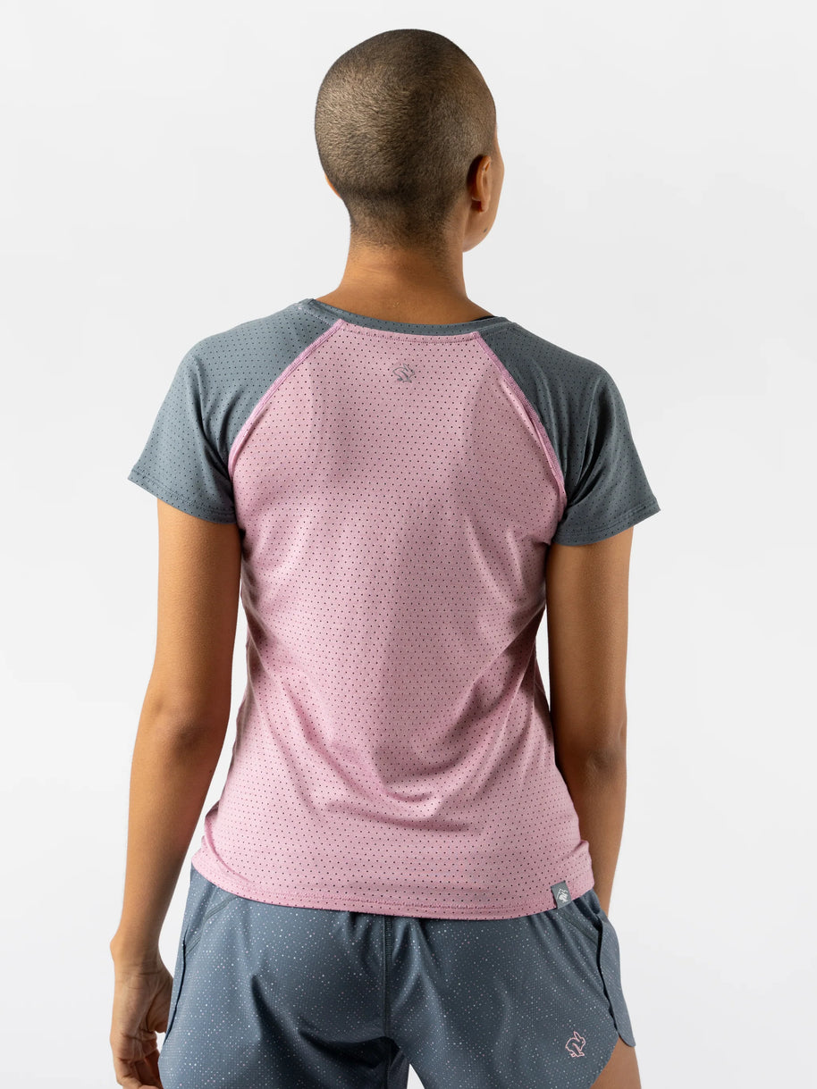 EZ Tee Perf SS Trail - Women by Rabbit in pink and grey, lightweight breathable trail running top with perforations for ventilation and comfort