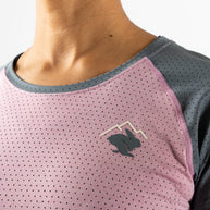 EZ Tee Perf SS Trail - Women by Rabbit in pink and dark grey, lightweight breathable trail running top with perforations for enhanced airflow