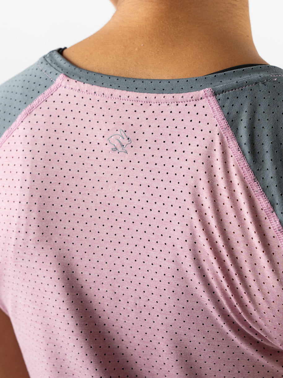 EZ Tee Perf SS Trail - Women by Rabbit in pink and grey, soft breathable running top with perfs for trail running and outdoor use
