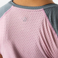 EZ Tee Perf SS Trail - Women by Rabbit in pink and grey, soft breathable running top with perfs for trail running and outdoor use