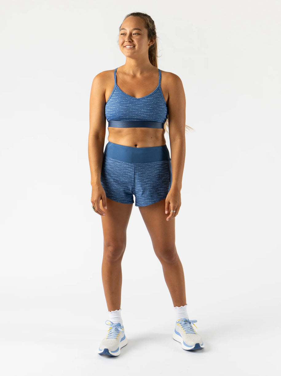 Strappy Pocket Bra - Women by Rabbit in blue with built-in pocket, minimal bounce, and total comfort ideal for active wear and running