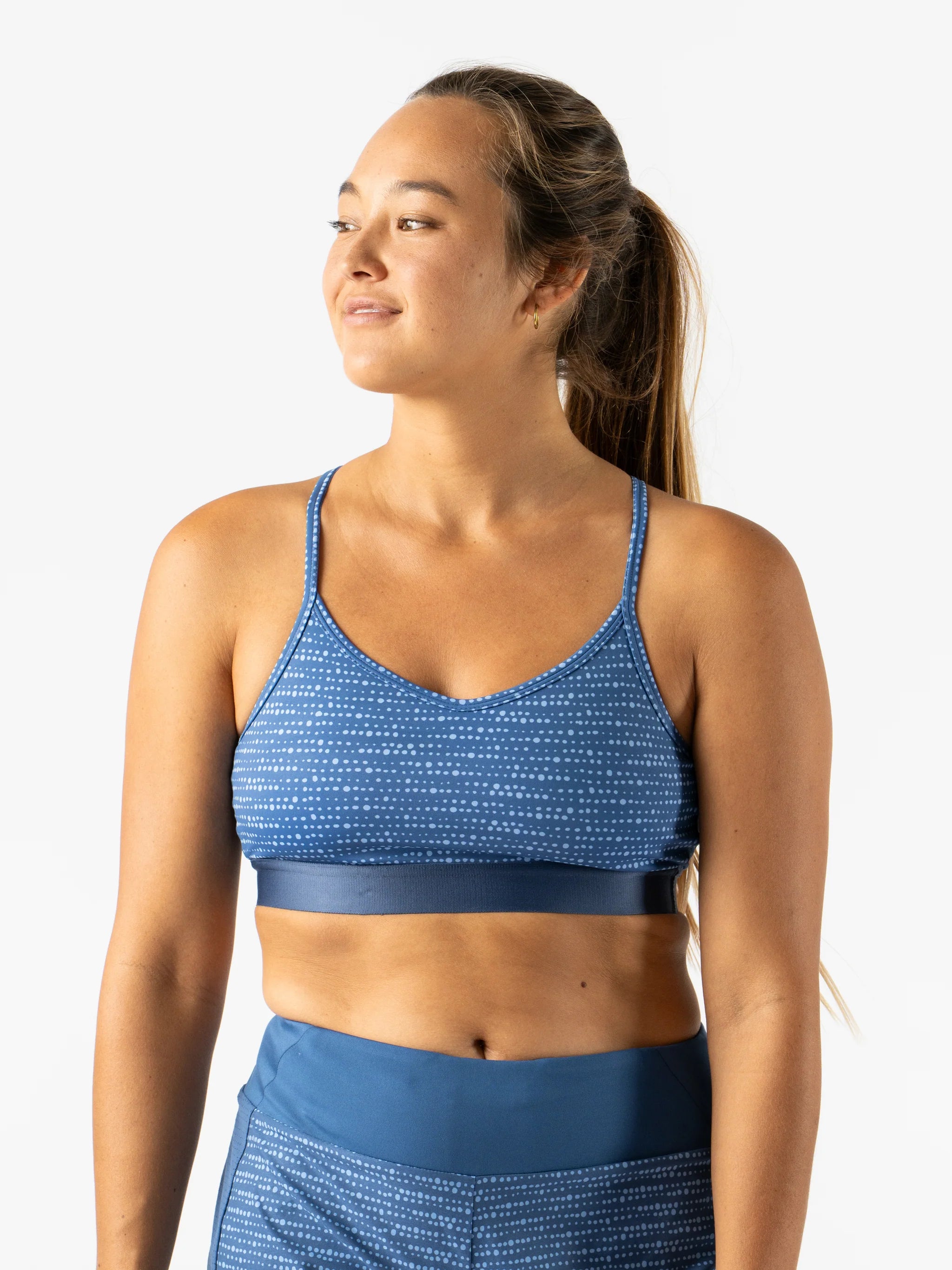 Strappy Pocket Bra - Women by Rabbit in blue with built-in pocket, minimal bounce, sleek fit, ideal for running and active use
