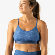 Strappy Pocket Bra - Women by Rabbit in blue with built-in pocket, minimal bounce, sleek fit, ideal for running and active use