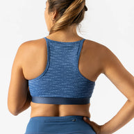 Strappy Pocket Bra - Women by Rabbit in blue with built-in pocket, minimal bounce, and breathable design for secure comfort during running