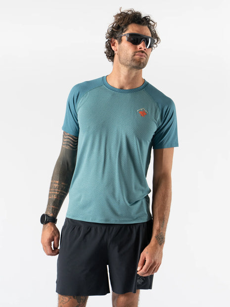 EZ Tee Perf SS Trail - Men by Rabbit in teal, breathable and soft perforated short sleeve trail running shirt ideal for outdoor running and fitness