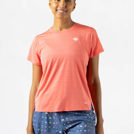 UPF Tee SS - Women by Rabbit in coral with laser-cut perfs, ultra lightweight jersey, UPF 50 sun protection, ideal for running and outdoor use