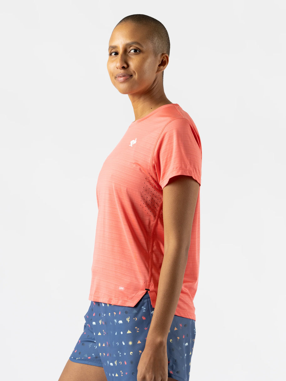 UPF Tee SS - Women by Rabbit in coral with laser-cut perfs, lightweight breathable UPF 50 shirt ideal for running and outdoor use