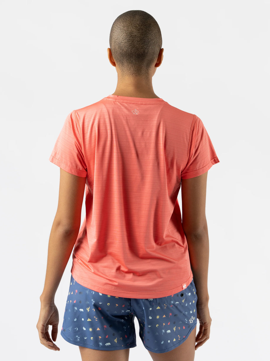 UPF Tee SS - Women by Rabbit in coral lightweight breathable jersey with UPF 50 and laser-cut underarm venting for sun protection