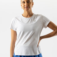 Race Pace Tee SS - Women by Rabbit in white with breathable laser-cut perforations and micro-textured inside for running comfort and performance