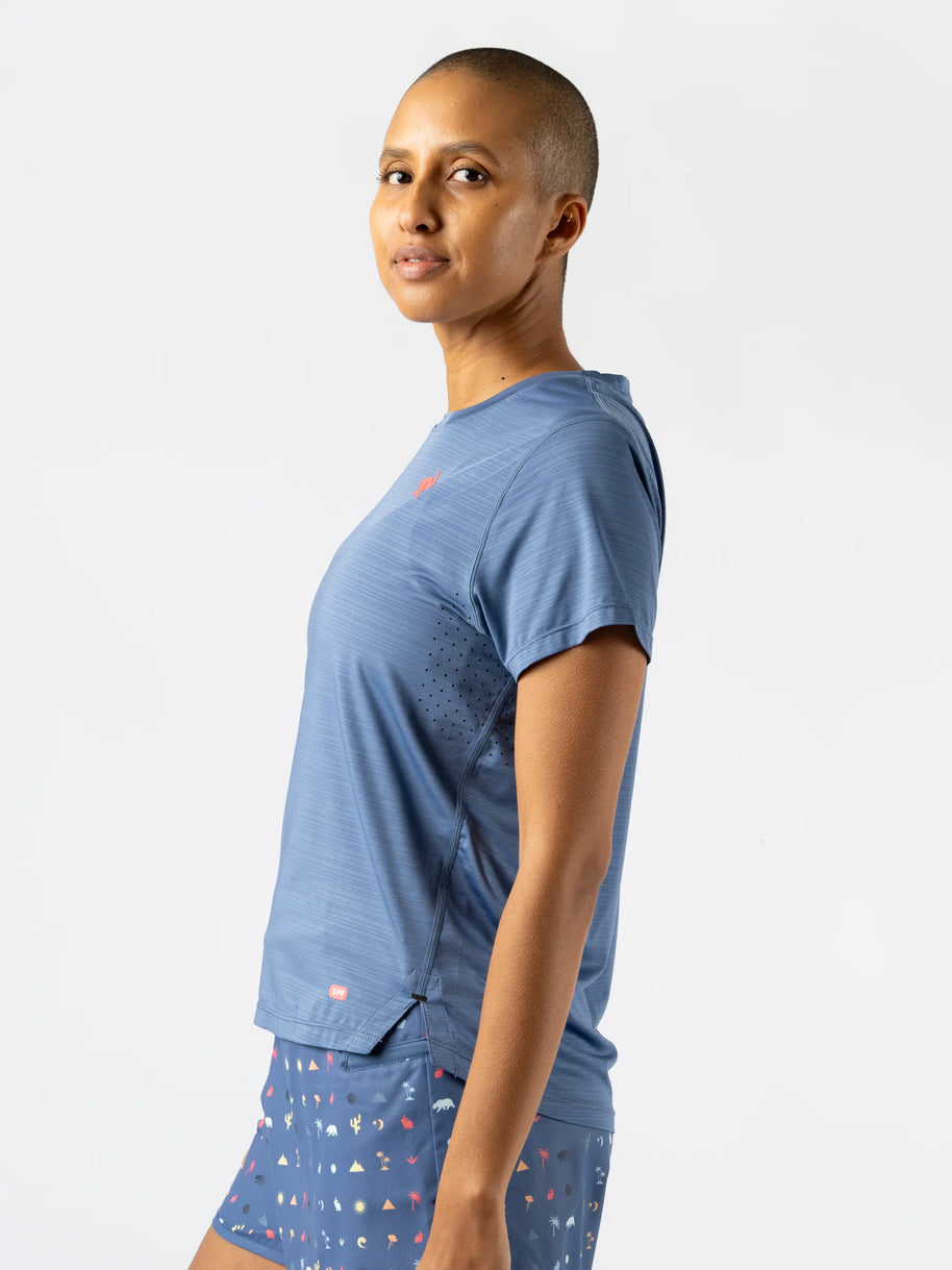 UPF Tee SS - Women by Rabbit in blue with laser-cut ventilation, lightweight breathable UPF 50 tee ideal for sun protection and running