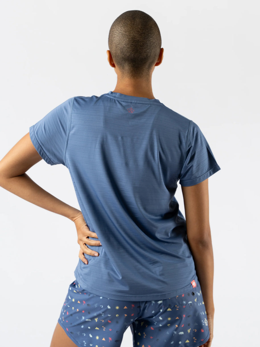UPF Tee SS - Women by Rabbit in blue, lightweight breathable top with UPF 50 and laser-cut perfs for sun protection and running