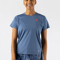 UPF Tee SS - Women by Rabbit in blue, lightweight jersey with laser-cut ventilation, UPF 50 protection for sun safety and running.