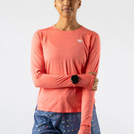 UPF Tee LS - Women by Rabbit in coral pink, ultralight UPF 50 long sleeve top, breathable and sun-protective for outdoor running