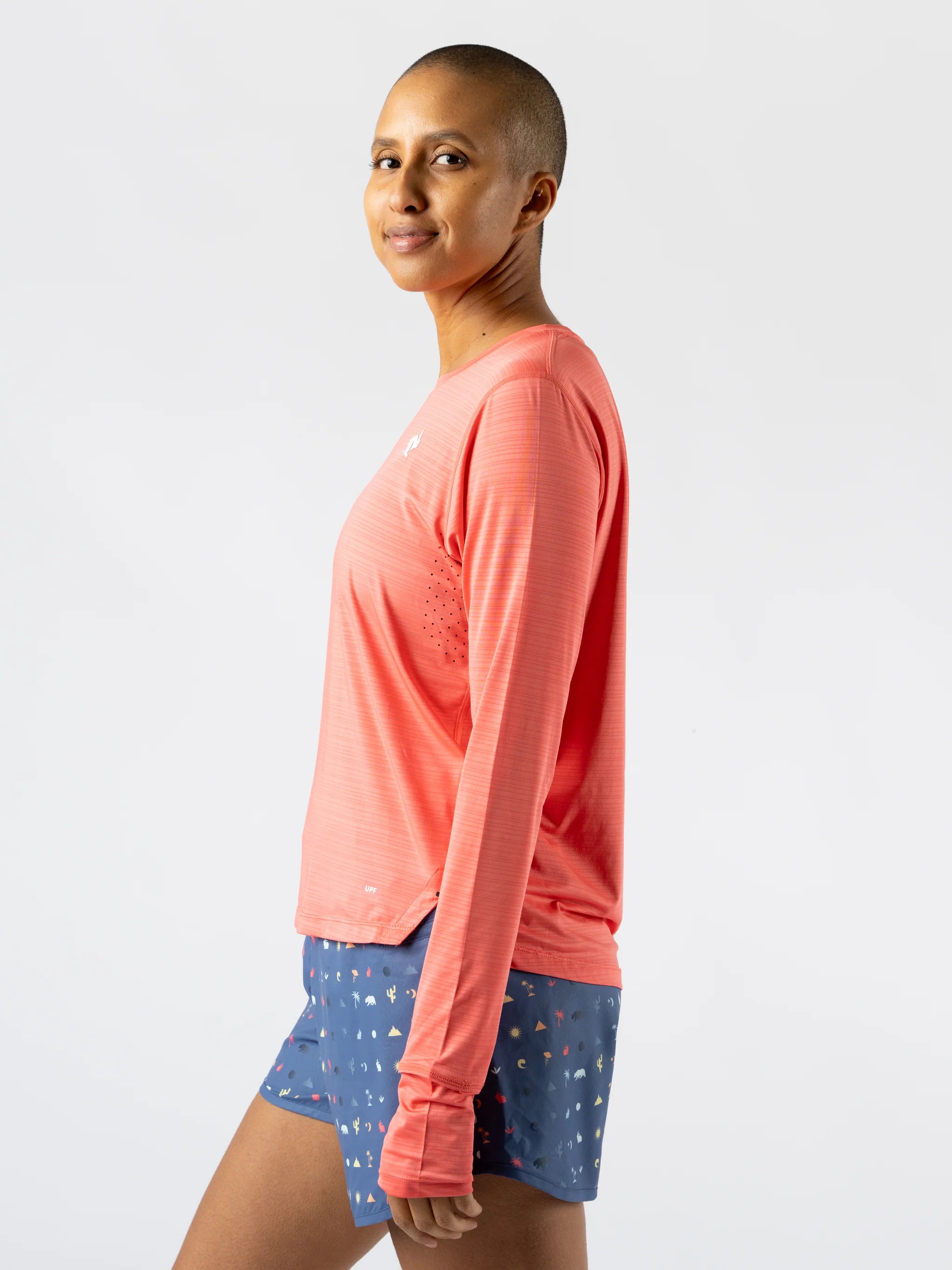 UPF Tee LS - Women by Rabbit in coral, ultralight long sleeve shirt with UPF 50 sun protection, breathable for running and outdoor use