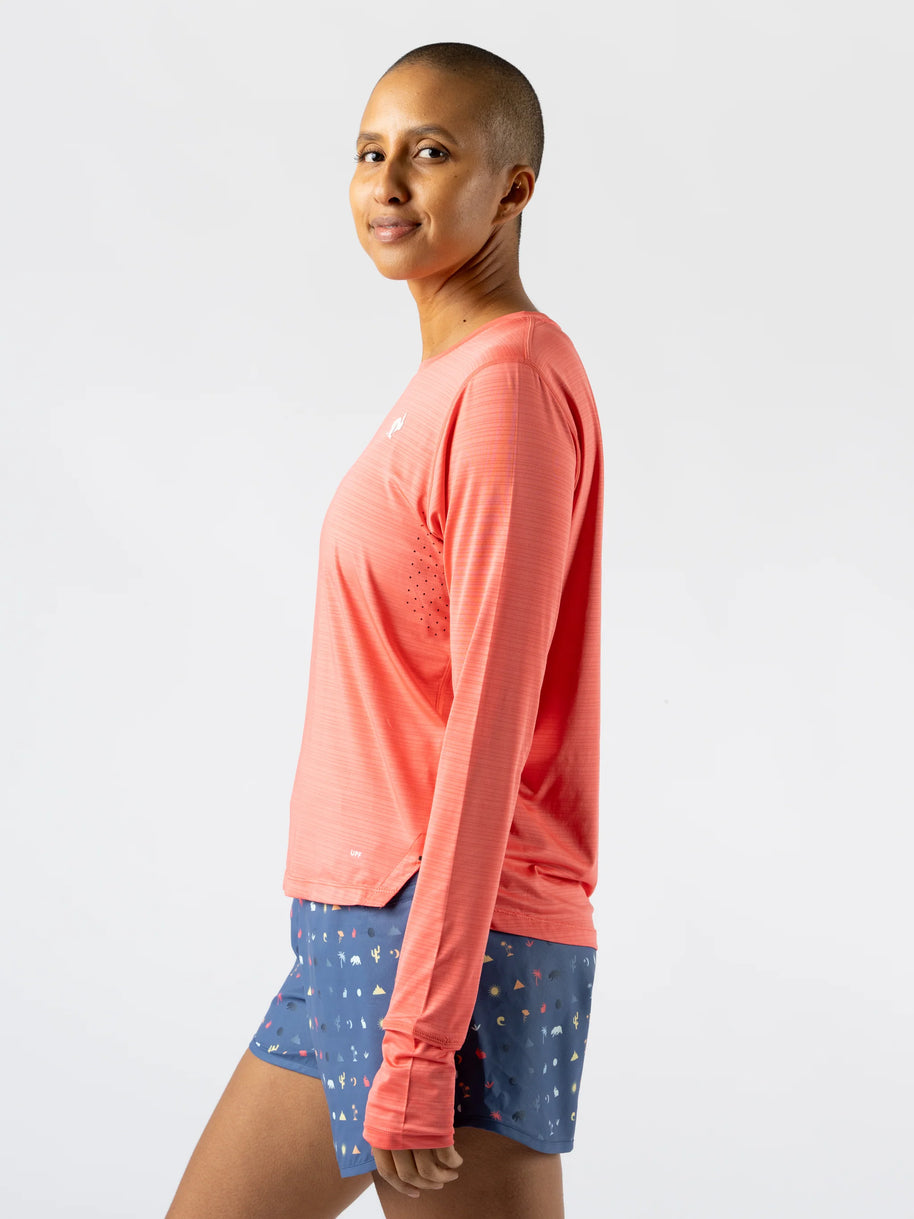 UPF Tee LS - Women by Rabbit in coral, ultralight long sleeve shirt with UPF 50 sun protection, breathable for running and outdoor use