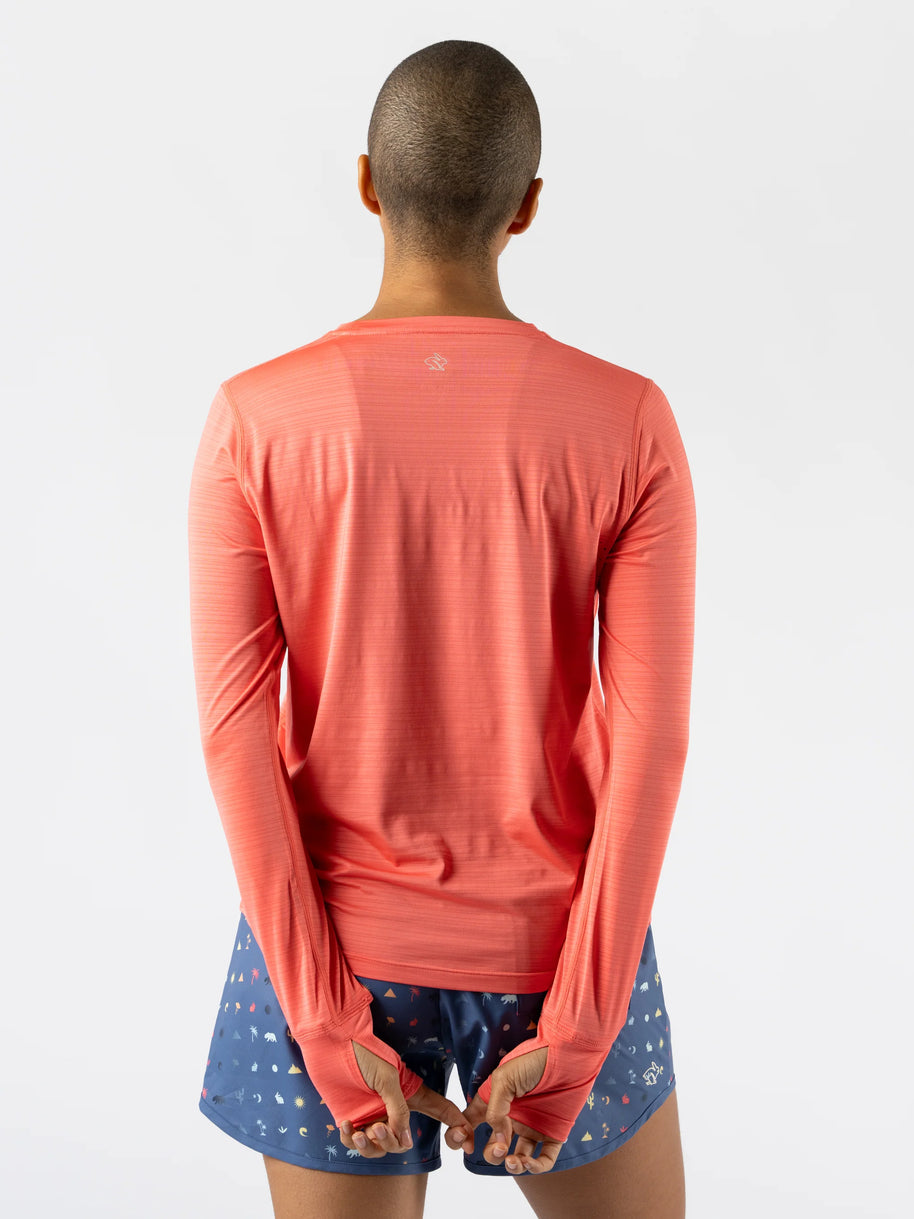 UPF Tee LS - Women by Rabbit in coral, ultralight long sleeve shirt with UPF 50 protection, breathable for sun shielding and outdoor use