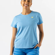 Race Pace Tee SS - Women by Rabbit in light blue with laser-cut perforations, breathable semi-relaxed running shirt for training and racing