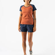 EZ Tee Perf SS Trail - Women by Rabbit in burnt orange and navy, breathable perforated running top ideal for trail running and outdoor activities