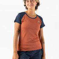 EZ Tee Perf SS Trail - Women by Rabbit in rust and navy, lightweight breathable running top with perforations ideal for trail running and outdoor use