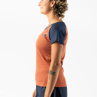 EZ Tee Perf SS Trail - Women by Rabbit in burnt orange and navy, lightweight breathable running top with performance perfs ideal for trail running