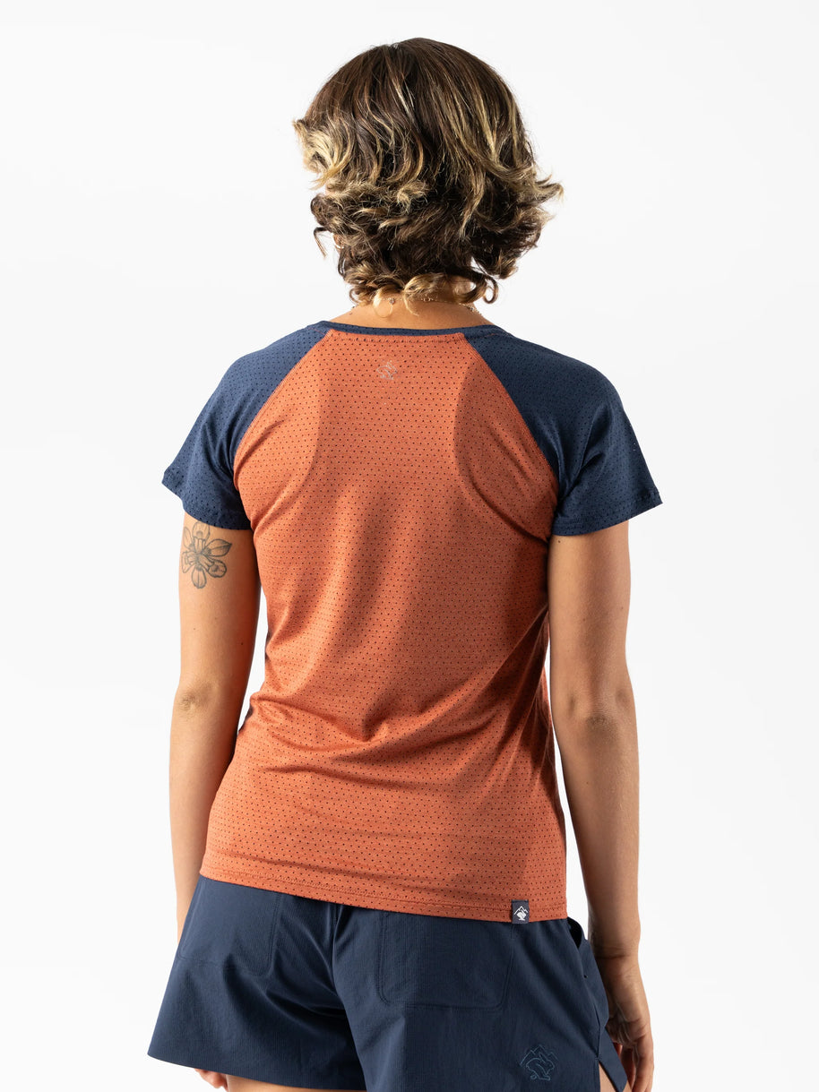 EZ Tee Perf SS Trail - Women by Rabbit in burnt orange and navy breathable running shirt with lightweight perforations ideal for trail running