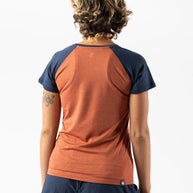 EZ Tee Perf SS Trail - Women by Rabbit in burnt orange and navy breathable running shirt with lightweight perforations ideal for trail running