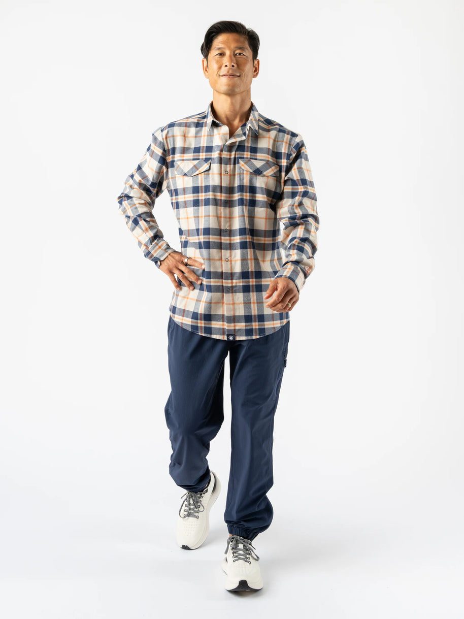 High Country LS Flannel - Men by Rabbit in beige and navy plaid, warm performance shirt ideal for chilly runs and casual layering
