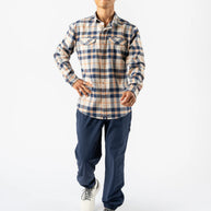 High Country LS Flannel - Men by Rabbit in beige and navy plaid, warm performance shirt ideal for chilly runs and casual layering