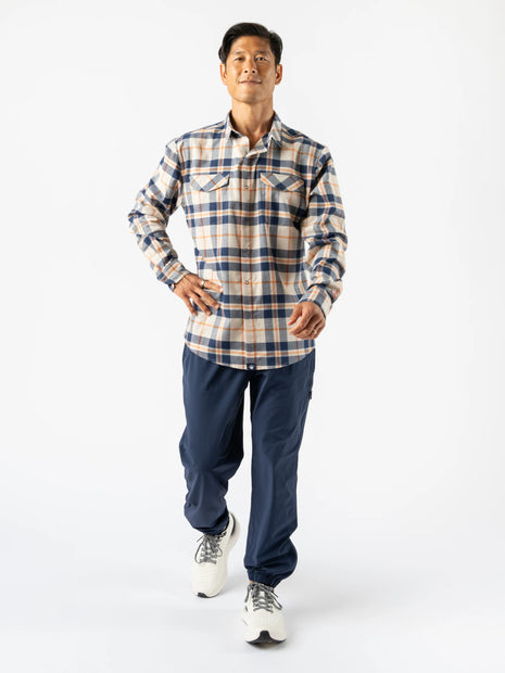 High Country LS Flannel - Men by Rabbit in beige and navy plaid, warm performance shirt ideal for chilly runs and casual layering