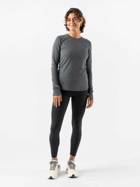 Outrun - Women by Rabbit in dark grey midweight knit top with wool blend, odor resistant and quick drying for cold weather running