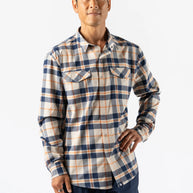 High Country LS Flannel - Men by Rabbit in blue and beige plaid, warm performance flannel shirt for cold weather running and layering.