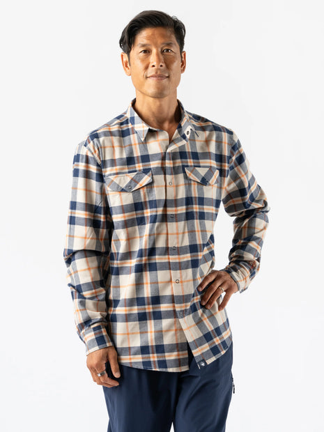 High Country LS Flannel - Men by Rabbit in blue and beige plaid, warm performance flannel shirt for cold weather running and layering.