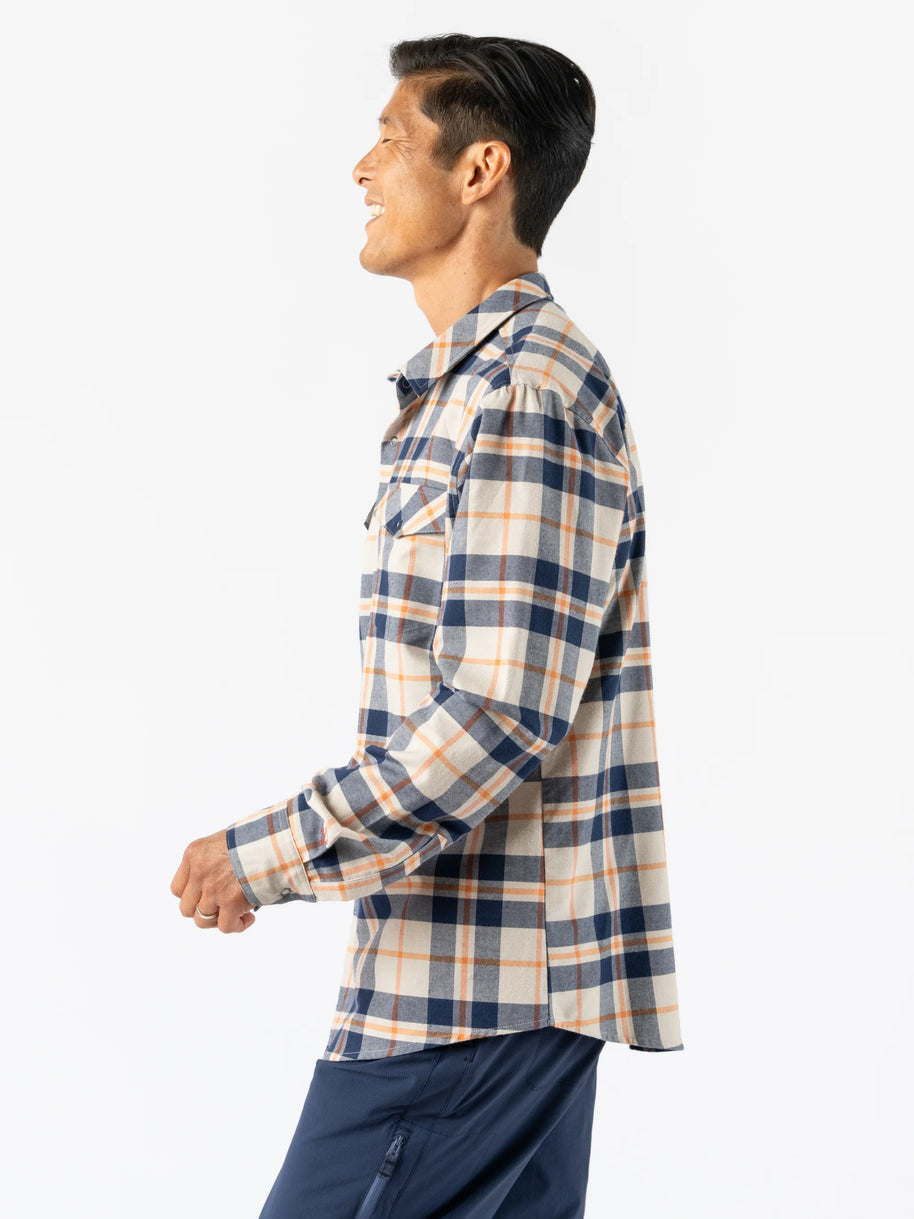 High Country LS Flannel - Men by Rabbit in beige and navy plaid, warm performance shirt for running and casual layering on chilly days