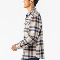 High Country LS Flannel - Men by Rabbit in beige and navy plaid, warm performance shirt for running and casual layering on chilly days