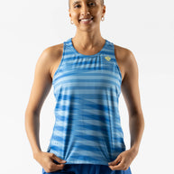 Race Pace Tank - Women by Rabbit in blue with laser-cut perfs and breathable fabric, lightweight top ideal for running and training sessions