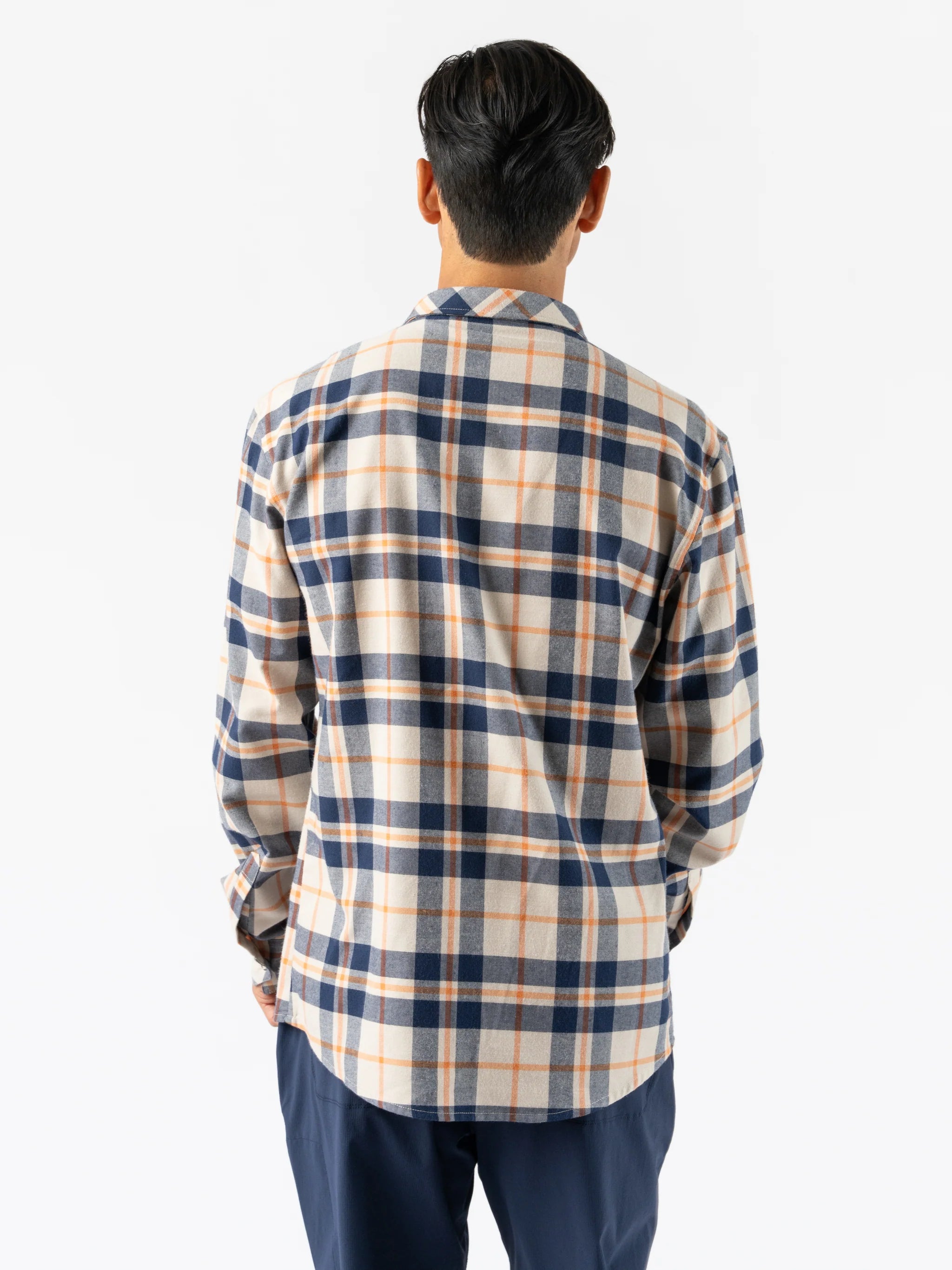 High Country LS Flannel - Men by Rabbit in beige and navy plaid, warm flannel shirt ideal for layering and chilly day runs or casual wear