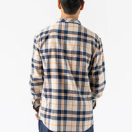 High Country LS Flannel - Men by Rabbit in beige and navy plaid, warm flannel shirt ideal for layering and chilly day runs or casual wear