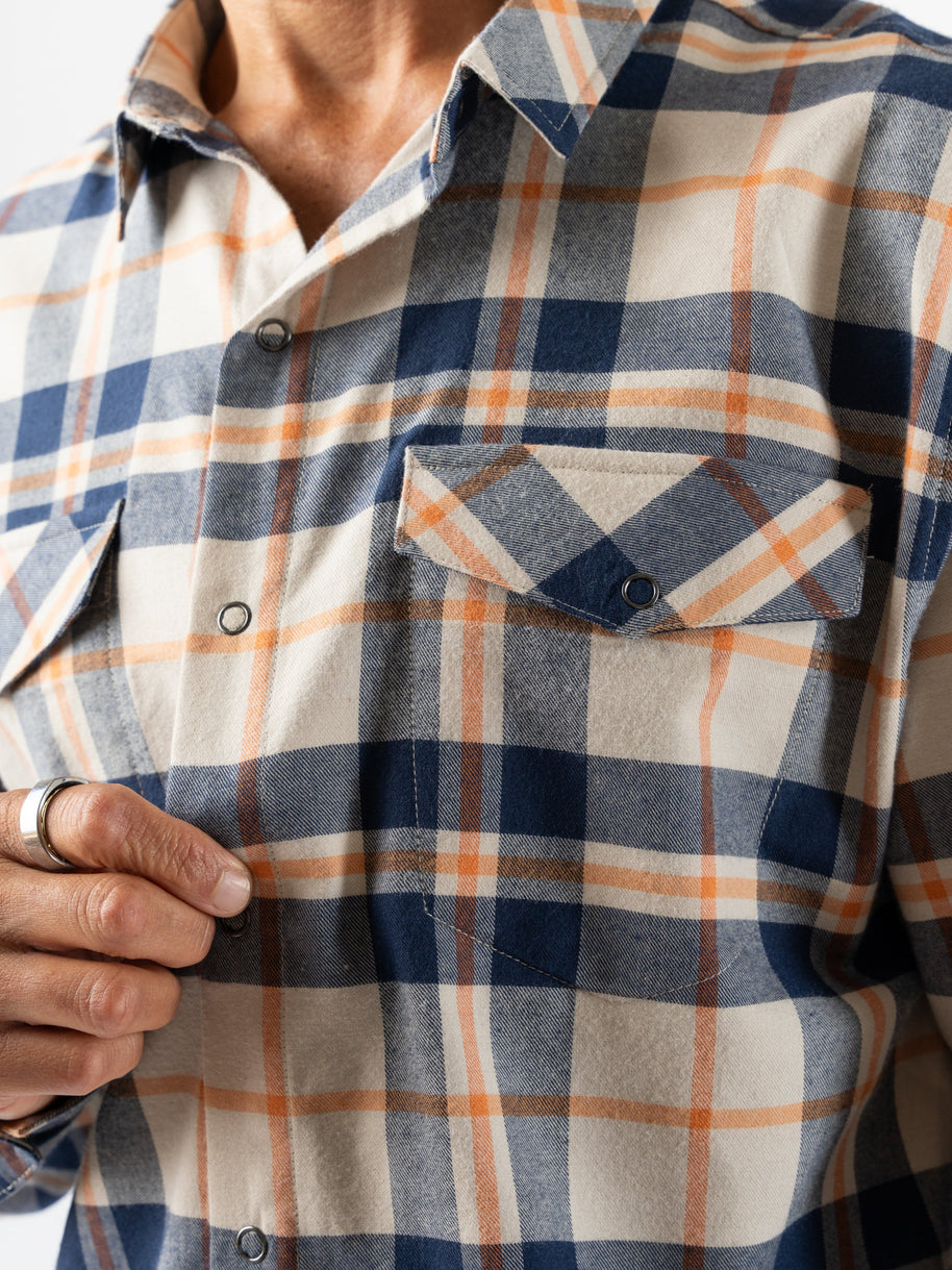 High Country LS Flannel - Men by Rabbit in blue beige and orange plaid, warm performance flannel shirt for chilly days and casual wear