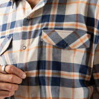 High Country LS Flannel - Men by Rabbit in blue beige and orange plaid, warm performance flannel shirt for chilly days and casual wear