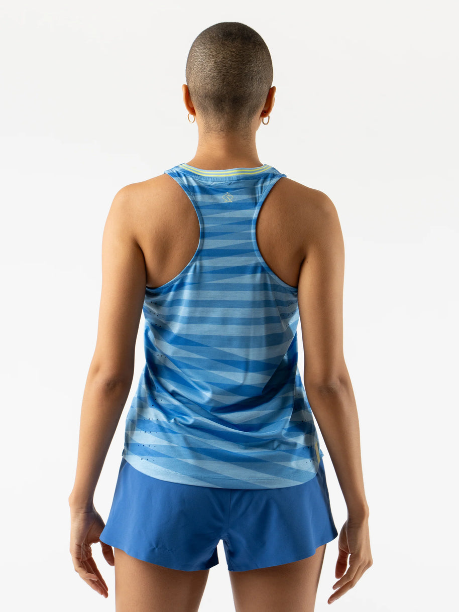 Race Pace Tank - Women by Rabbit in blue with laser-cut square perfs, breathable semi-relaxed running tank for training and races