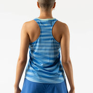 Race Pace Tank - Women by Rabbit in blue with laser-cut square perfs, breathable semi-relaxed running tank for training and races